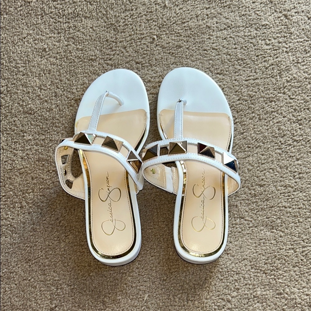 Jessica Simpson White Sandals with Gold Accents